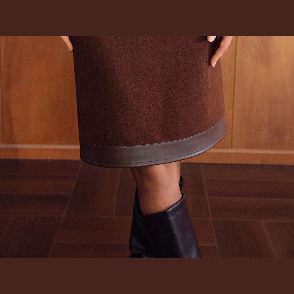 Brown Vegan Leather Trim Decorative Faux Pocket Detail Midi Skirt